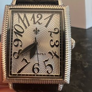 Judith Ripka Ribbed Stainless Steel Quilted black Leather Tank Watch